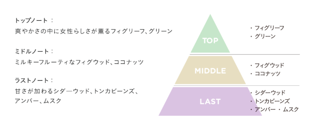 エトヴォスリペアトリートメントの香りをピラミッド型で表示した画像です。トップノートが爽やかな中に女性らしさが薫るフィグリーフ、グリーン、ミドルノートはミルキーフルーティーなフィグウッド、ココナッツ、ラストノートは甘さが加わるシダーウッド、トンカビーンズ、アンバー、ムスクです