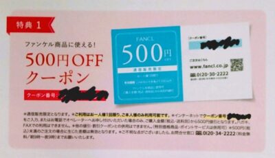 ファンケルエンリッチプラス１カ月集中セット購入時に入っていた次回のお買いも出使える５００円オフクーポンの写真です